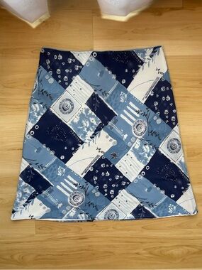 Vintage Blue Patchwork Print Midi Skirt